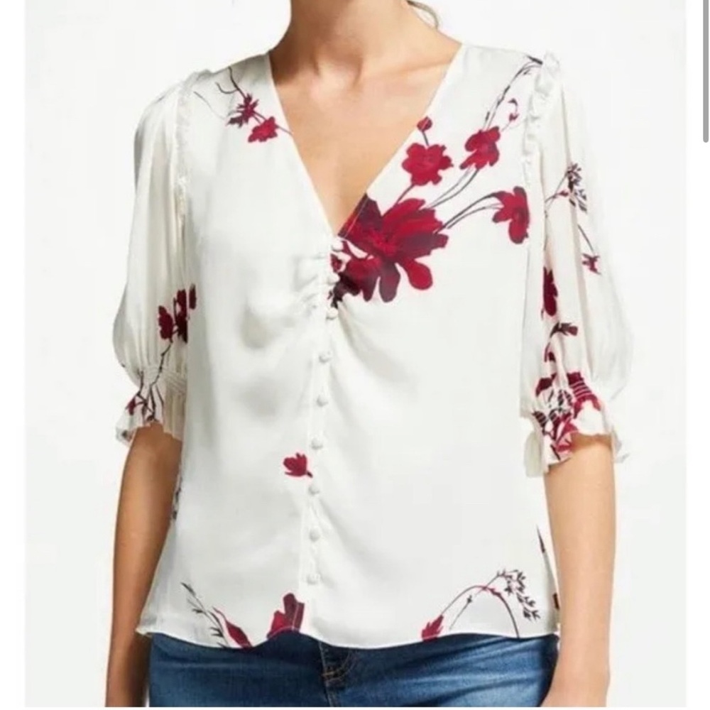 Joie Cream V-Neck Button Front Blouse with Red Floral Print